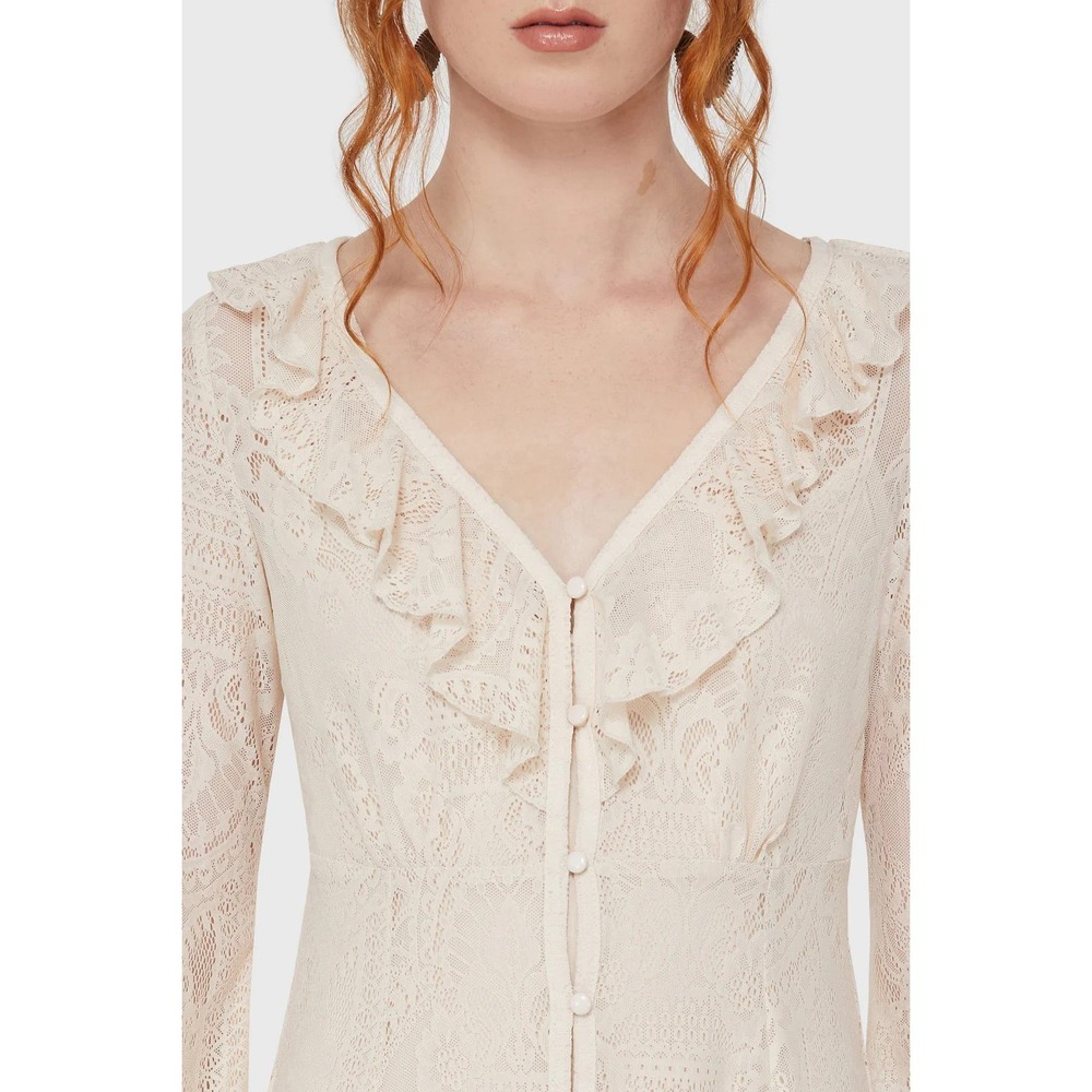 Killstar Cybele Cream Lace Ruffle V-Neck Button Front Long Sleeve Mini Dress - Picture 2 of 5
